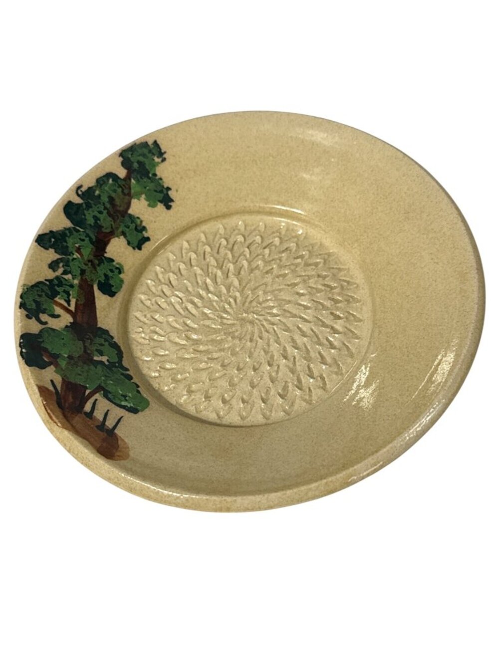 Gourmet Handmade Ceramic Garlic Grater Plate Tree Design Beige Glaze 7"  USA